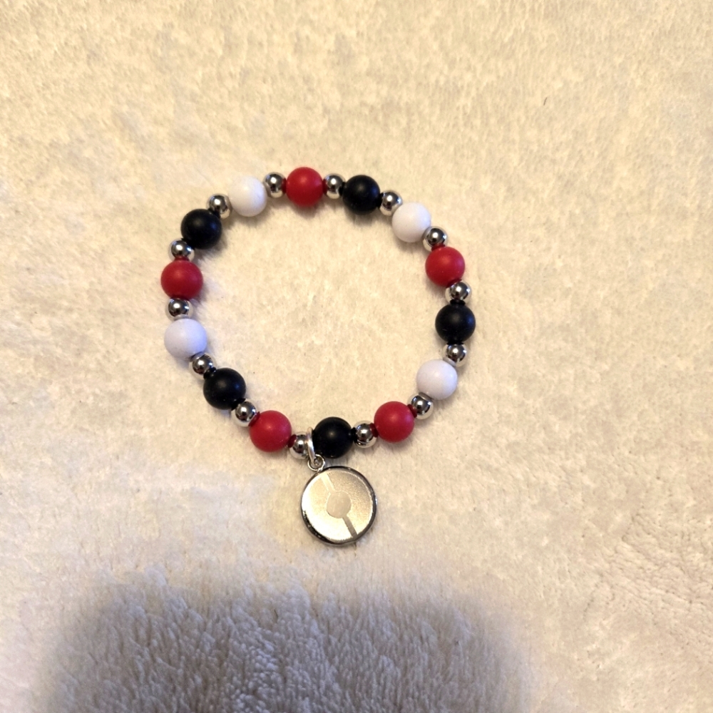 Rustic Cuff Stretch Bracelet Alternating Red/Black/White Beads w/ Silver Spacers